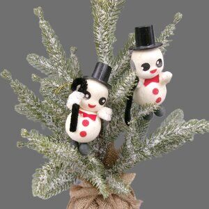 2 Flocked Felt Snowman Ornaments, Pipe Cleaner Arms, Vintage Christmas Japan